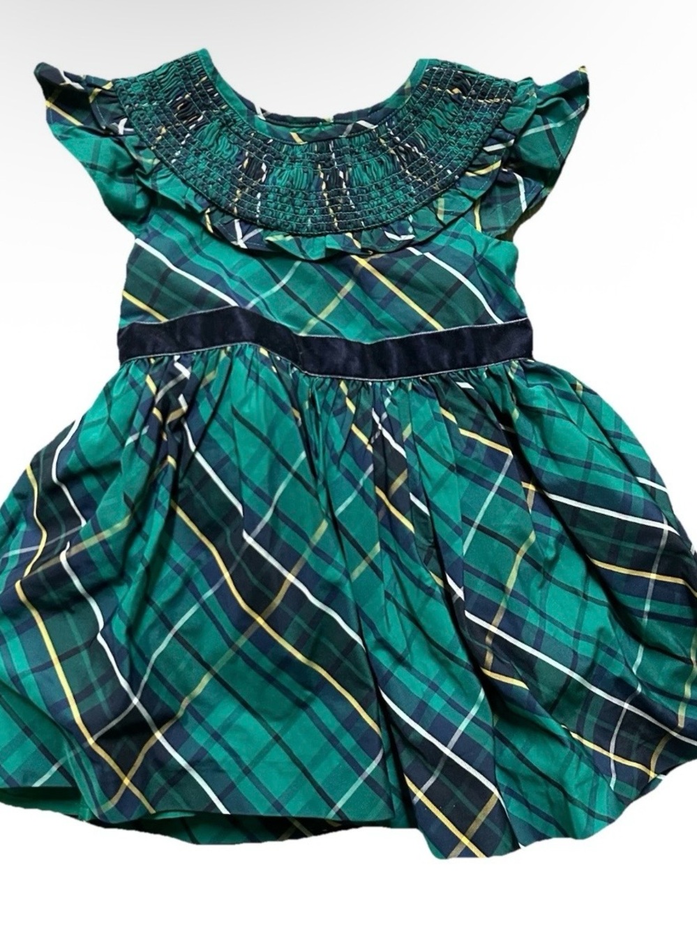 Baby Girl Janie & Jack Green Blue Yellow Plaid Smocked Dress Size 18-24 Months